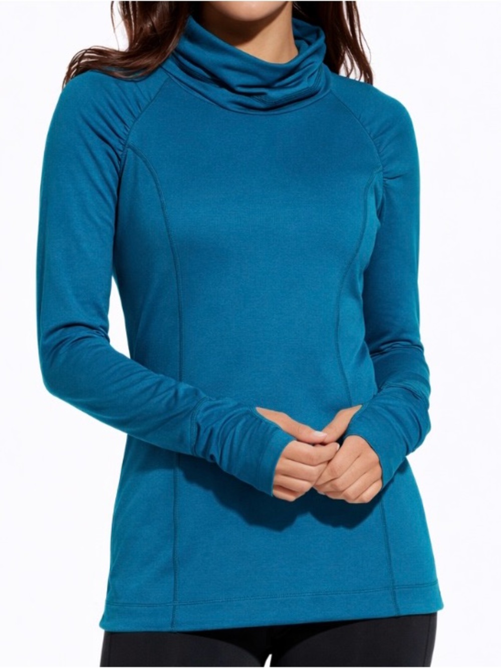 Calia Funnel Neck Ruched Performance Top Marine Teal Thumbhole Activewear M